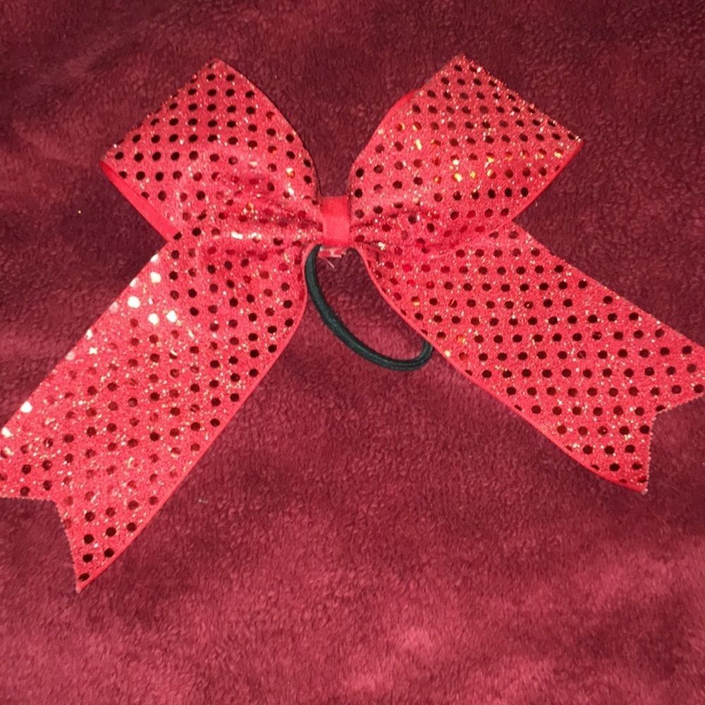 Red Sequin Hair Bow Ponytail. For pom, dance or cheer.